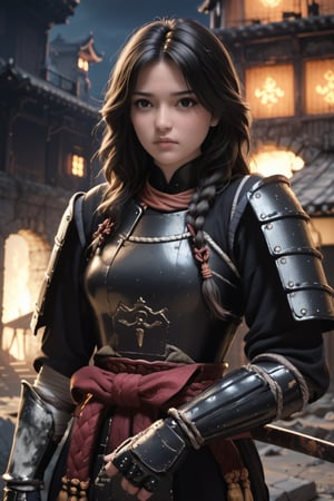 best quality, masterpieces,a women in samurai armor standing in front of devastated houses which on fire, ruins background,heavy shadow, film photography, soft focus, detailed skin, matte skin, soft lighting, subsurface scattering, realistic,midnight, dark sky, moon, dark theme, black samurai, 