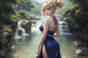 A breathtaking scene! In the midst of a dense jungle, a 14-year-old Kohaku from Dr. Stone poses elegantly in a vibrant blue dress, subtle yet striking. Her golden locks cascade down her back like a river, while a simple white choker and rope belt complement the outfit. White clog sandals complete the look.

From a knee-up perspective, she gazes directly at us, her double eyelids and dark green eyes sparkling with gentle intensity. The bokeh effect creates depth, and hyper-realistic shadows add dimensionality to the prehistoric world around her. Every detail is meticulously rendered: facial pores, skin texture, and highly realistic eyes showcased in ultra-high resolution.

The dynamic light source casts a warm glow, emphasizing her natural beauty. This photograph is a masterpiece, capturing the essence of its subject with unparalleled precision, showcasing every aspect of this stunning Kohaku's beauty.