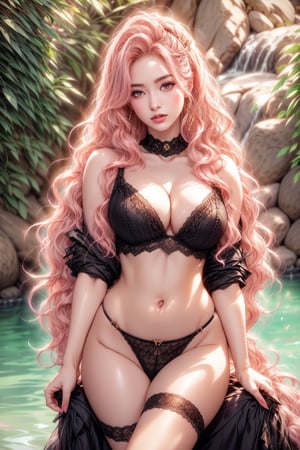 sexy girl,black open gothic dress. In the background, the river is rushing violently. Detailed eyes, detailed image, detailed skin; slut smile. colored long hair, gold hairpin. purple eyes. A well-proportioned and beautiful whore's body. sunrise,pastel colors, Beautiful, masterpiece, pink hair, red underwear,Sexy Pose