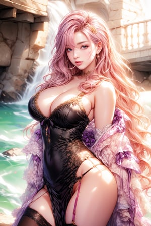 sexy girl,black open gothic dress. In the background, the river is rushing violently. Detailed eyes, detailed image, detailed skin; slut smile. colored long hair, gold hairpin. purple eyes. A well-proportioned and beautiful whore's body. sunrise,pastel colors, Beautiful, masterpiece, pink hair, red underwear,Sexy Pose,1 girl,beautiful,hair tie in mouth