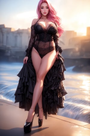 sexy girl,black open gothic dress. In the background, the river is rushing violently. Detailed eyes, detailed image, detailed skin; slut smile. colored long hair, gold hairpin. purple eyes. A well-proportioned and beautiful whore's body. sunrise,pastel colors, Beautiful, masterpiece, pink hair, red underwear,Sexy Pose,1 girl,spread legs,wearing high heels