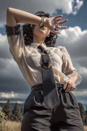 RAW photo, (highly detailed skin:1.2). 8k UHD, DSLR, soft lighting, Highly detailed. Film grain, Fujifilm XT3.,art_booster, 1girl, girl stands against the sky with her hand covering her face, in a blouse, rolled up sleeves, black curly hair, black pants, belt, длинный галстук