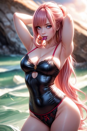 sexy girl,black open gothic dress. In the background, the river is rushing violently. Detailed eyes, detailed image, detailed skin; slut smile. colored long hair, gold hairpin. purple eyes. A well-proportioned and beautiful whore's body. sunrise,pastel colors, Beautiful, masterpiece, pink hair, red underwear,Sexy Pose,1 girl,beautiful,hair tie in mouth