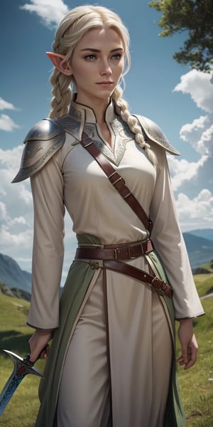 an elven female warrior with light blonde hair styled in intricate braids and light green eyes. she has long pointed ear. She has sharp, angular facial features and pale skin. She is dressed in light grey armor with intricate designs, and a dark red tunic visible at the collar and sleeves. She wears a brown leather belt with a sword attached. The warrior is standing with a neutral, slightly stern expression, and one hand resting on the hilt of her sword. The background is an outdoor setting with a bright blue sky and white clouds. The image should be photorealistic, with high resolution, detailed textures, and natural lighting,realism,Cloef