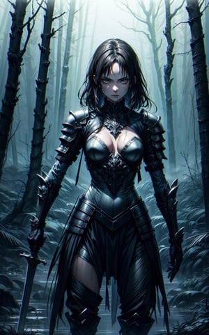 woman, late 20s, medium-length dark hair, armor, metal and cloth combination, designed for flexibility, fits her body, standing ready to fight, wielding a sword, confident grip, gloomy environment, mist-laden forest, intricate designs, durable metal, flexible cloth, ease of movement, focused expression, determined, piercing eyes, somber ambiance, shrouded in fog, twisted trees, eerie light, long shadows, mysterious atmosphere, foreboding, fallen leaves, damp earth, desolation, unease