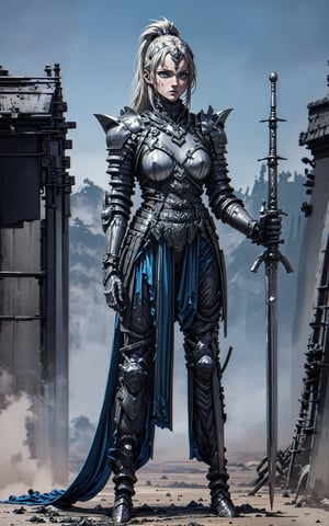 portrait of a warrior woman wearing a unique combination of metal and cloth armor, blending durability with flexibility. The armor should be designed to fit her body perfectly, providing both protection and freedom of movement. She wields a powerful two-handed sword in a confident and skilled manner, showcasing her expertise in combat. Capture the intensity in her eyes and the determination in her expression as she stands against a background that complements her warrior persona, such as a battlefield or a rugged landscape,HGS_1