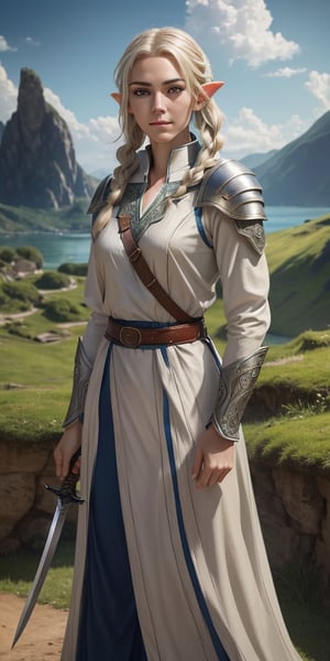 an elven female warrior with light blonde hair styled in intricate braids and light green eyes. she has long pointed ear. She has sharp, angular facial features and pale skin. She is dressed in light grey armor with intricate designs, and a dark red tunic visible at the collar and sleeves. She wears a brown leather belt with a sword attached. The warrior is standing with a neutral, slightly stern expression, and one hand resting on the hilt of her sword. The background is an outdoor setting with a bright blue sky and white clouds. The image should be photorealistic, with high resolution, detailed textures, and natural lighting,realism,Cloef