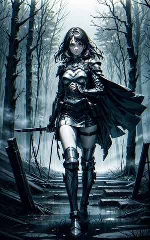 woman, late 20s, medium-length dark hair, armor, metal and cloth combination, designed for flexibility, fits her body, standing ready to fight, wielding a sword, confident grip, gloomy environment, mist-laden forest, intricate designs, durable metal, flexible cloth, ease of movement, focused expression, determined, piercing eyes, somber ambiance, shrouded in fog, twisted trees, eerie light, long shadows, mysterious atmosphere, foreboding, fallen leaves, damp earth, desolation, unease,holding a sword,battoujutsu