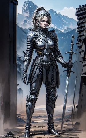 portrait of a warrior woman wearing a unique combination of metal and cloth armor, blending durability with flexibility. The armor should be designed to fit her body perfectly, providing both protection and freedom of movement. She wields a powerful two-handed sword in a confident and skilled manner, showcasing her expertise in combat. Capture the intensity in her eyes and the determination in her expression as she stands against a background that complements her warrior persona, such as a battlefield or a rugged landscape,HGS_1