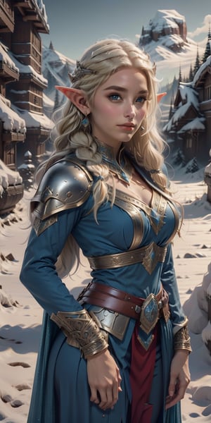 1girl, solo, long hair, looking at viewer, blonde hair, gloves, holding, closed mouth, weapon, outdoors, sky, day, pointy ears, belt, sword, cloud, cape, armor, blue sky, helmet, elf, shoulder armor, sheath, brown gloves, headwear removed, pauldrons, shield, sheathed, breastplate, knight, helmet removed, holding helmet,Viking Elf