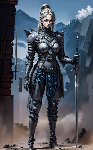 portrait of a warrior woman wearing a unique combination of metal and cloth armor, blending durability with flexibility. The armor should be designed to fit her body perfectly, providing both protection and freedom of movement. She wields a powerful two-handed sword in a confident and skilled manner, showcasing her expertise in combat. Capture the intensity in her eyes and the determination in her expression as she stands against a background that complements her warrior persona, such as a battlefield or a rugged landscape,HGS_1