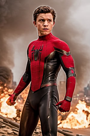 Highly detailed, high quality, masterpiece, beautiful, (complete shot), tom holland in spiderman suit, homecoming suit, red and blue suit, getting hypnotized, beaten up spiderman, (black hair, muscular) damage suit, explotion, fire