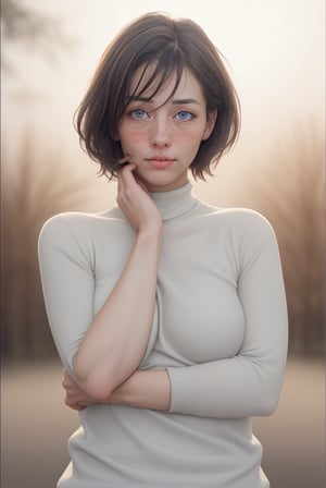 Generate hyper realistic image of a beautiful woman with blue eyes and brown hair, wearing a warm sweater and a stylish turtleneck. Her upper body is depicted with realistic details, showcasing the subtle charm of parted lips and a hint of freckles. The scene captures the essence of a cozy winter day, with her hair slightly messy, giving a touch of natural elegance.