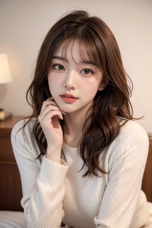 1 woman, 30 years old, knitted jumper, upper body, bedroom background,  blushing, highest quality, masterpiece, (looking at viewer), ginger wavy hair, bangs, biting lip, seductive, bokeh