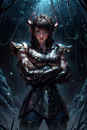 create: a hyper-realistic (RAW, analog), a highly detailed distinctive Image of A Cyberpunk Satyr Girl
Both arms crossed holding two crafted Black Obsidian Colt 45 single action revolvers,Inside of a Cyberpunk Forest,darker scenes,dramatic lighting and mischievous expression 
