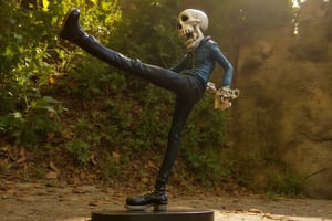 TMGE skeleton FIGURE, kicking, in navy denim jacket and black denim pants, bright dynamic lighting