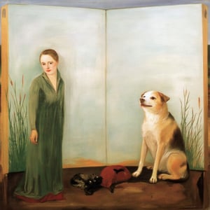 painting by CKTivadar, A dog sits on the right side of the screen and a woman stands on the left. Background is a simple meadow.