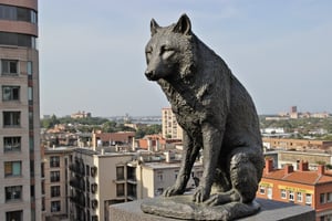 Bronze statue by S410CHURYO. a wolf. rooftop.