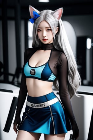 High-quality 2 women, 20 years old, long light gray hair, exquisite appearance, 180cm height ratio, cat ears, wearing tight-fitting arm skirt, gym background, full body photo, JeeSoo, cyberpunk, renaissance