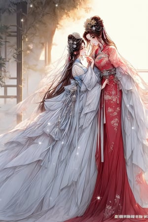 Chinese comic style, harem queen, beauty, classical clothing, gorgeous classical headdress, mature, affectionate, deep eyes, brown eyes, dreamy quality, soft lighting, Hanfu, graceful posture