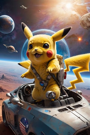 Pikachu, in full astronaut gear, is in the driver's seat, steering the PTurbo at breakneck speed. The view is from the front, with the main focus on the car, highlighting its futuristic design and technological marvel. The animation captures the high-speed chase through an alien world, where the galaxy, Milky Way, and distant planets loom in the background, evoking a sense of awe-inspiring galactical exploration.

This scene reflects the collaboration between NASA and advanced civilizations from distant galaxies, blending elements of space exploration and the boundless wonders of the universe. The image is an imaginative blend of sci-fi, space themes, and the adventurous spirit of exploring alien worlds, all brought to life in a captivating and visually stunning manner."