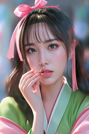 This image showcases a hyper-realistic illustration, possibly by a digital artist. The composition centers on a young woman with elaborate detail, emphasizing her lifelike features. She has long, flowing hair with a pink ribbon and wide, expressive eyes. She wears a pink and green traditional attire and holds a bamboo stick in her mouth, reminiscent of a popular anime character. The background is slightly blurred, focusing attention on the subject. Her expression is contemplative, with one finger touching her cheek. The lighting accentuates her natural complexion, enhancing the realism of the artwork.