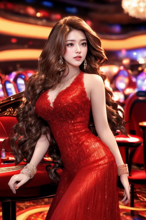 This highly detailed, photorealistic digital illustration appears to be by an unknown artist. The composition centers on a woman in a seductive red dress, emphasizing her form. Set against a casino backdrop, poker chips and a card table are visible, creating a rich, indulgent atmosphere. Her flowing hair, delicate lace details on the dress, and dramatic lighting all add depth and allure to the scene. The background is blurred, keeping the focus on the subject and her striking attire.