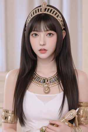 This digital artwork, possibly created by an Asian artist, is rendered in a detailed, realistic style. The composition focuses on the bust of a young woman dressed in exquisite gold jewelry in the ancient Egyptian style, including a headdress, necklace, and armbands. She has long black hair and stunning golden eyes. The protagonist wears a white outfit with a decorative gold collar and holds a scepter-like object. The background is minimalistic and softly colored, ensuring the characters are in focus. The overall aesthetic blends elements of history and fantasy to create a noble and mysterious atmosphere.