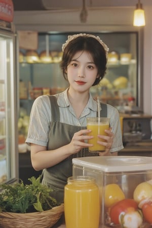 Frontal portrait photography, old photo mode, in the 1960s, a Taiwanese woman sold juice in a Taiwanese ice cream shop. Antique smell. Various vegetables and fruits are placed in transparent cabinets and on the refrigerator