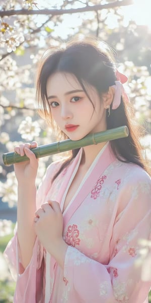 The real composition centers on a young woman holding a horizontal green bamboo stick between her lips. She was wearing a traditional pink kimono with floral patterns on it, and her long black hair was tied with a pink ribbon. The backdrop is cherry blossom branches in full bloom, adding to the vibrant feel of spring. The overall atmosphere is tranquil and traditional, reflecting the fusion of culture and natural beauty. Bright sunlight illuminates the scene, highlighting the woman's expressive eyes and the delicate cherry blossoms surrounding her.