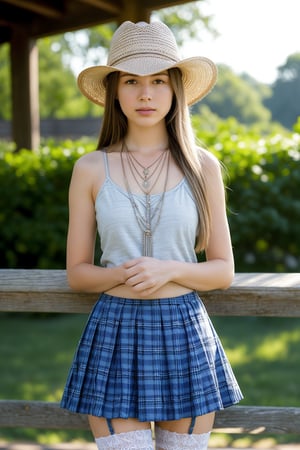 The image is a high-resolution digital photograph. The subject, a woman with long hair, is centered and photographed waist-up. She wears a light-colored cowboy hat, layered necklaces, a patterned sleeveless top, and a blue plaid skirt with white garter stockings. Her expression is neutral, and she slightly leans forward with her arms crossed. The background features blurred greenery and a wooden structure, suggesting an outdoor setting in daylight. The lighting highlights her face and clothing, creating a vibrant and clear composition.