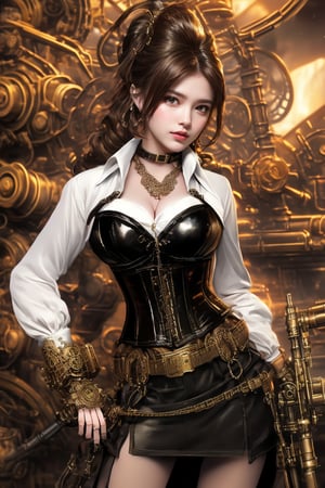 The image portrays a steampunk art style, rich with mechanical and Victorian elements. The composition centers around a woman confidently posing with an intricate, futuristic pistol. She is dressed in a white blouse, black corset, and choker, epitomizing the classic steampunk aesthetic. The background is a complex array of interlocking brass gears and cogs, bathed in warm lighting that accentuates the metallic textures. The overall ambiance is both mechanical and elegant, combining vintage and industrial elements seamlessly.