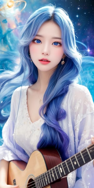 (((Masterpiece))), beautiful Asian girl (with beautiful bright blue eyes, long thick eyelashes, beautiful long purple wavy hair, slightly opened lips, singing. Playing the guitar and singing, the atmosphere is warm and pleasant. Art alcohol, Abstract details. Weiss Anderson style pier, pastel tones, retro vibe. Looking at the viewer, background: cosmic space.
Magic space.