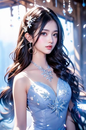 The image is a digital artwork exhibiting a highly detailed and realistic anime/manga style. The composition centers on a delicate young woman with large, expressive eyes, styled hair adorned with flowers, and intricate, crystalline adornments. The background features a mystical, icy ambiance with soft, glowing light and bokeh effects resembling an ethereal forest or ice cave. The combination of floral and ice elements highlights a contrast between warmth and cold, likely symbolizing a fantastical character in a dreamy, surreal setting. The intricate details and ethereal light give the piece a magical, otherworldly quality.