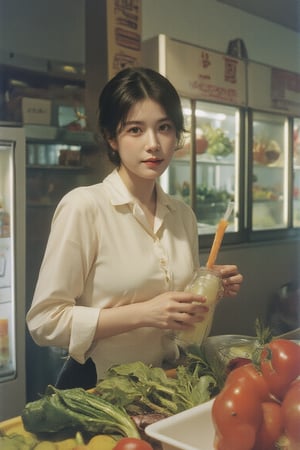 Frontal portrait photography, old photo mode, in the 1960s, a Taiwanese woman sold juice in a Taiwanese ice cream shop. Antique smell. Various vegetables and fruits are placed in transparent cabinets and on the refrigerator