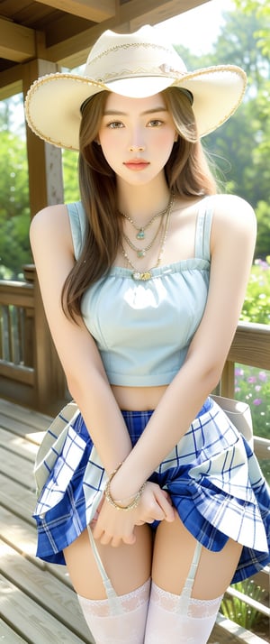 The image is a high-resolution digital photograph. The subject, a woman with long hair, is centered and photographed waist-up. She wears a light-colored cowboy hat, layered necklaces, a patterned sleeveless top, and a blue plaid skirt with white garter stockings. Her expression is neutral, and she slightly leans forward with her arms crossed. The background features blurred greenery and a wooden structure, suggesting an outdoor setting in daylight. The lighting highlights her face and clothing, creating a vibrant and clear composition.