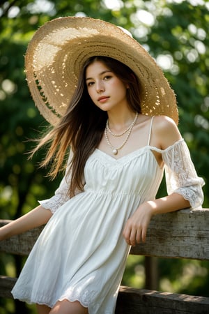 This image is a realistic photograph captured by a skillful photographer. It features a woman in a waist-up composition leaning against a wooden structure. She has long flowing hair and wears a large, worn straw hat, a sleeveless white dress with lace accents, and a pearl necklace. The background is a beautiful bokeh effect of green foliage, suggesting a sunlit outdoor setting. The bright lighting creates a lively and warm ambiance, highlighting her serene expression. Her attire, combined with the rustic wooden elements, invokes a summery, country-inspired theme.
