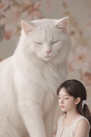 This digital illustration features a soft, dreamlike art style. The composition centers on a large, fluffy white cat and a small, doll-like girl with closed eyes and serene expressions, symbolizing peace and tranquility. They are positioned against a blurred background with delicate, muted florals, enhancing the gentle atmosphere. The girl wears a white dress with a ribbon in her hair, matching the cat’s pristine fur. The lighting is soft and warm, creating a cozy, ethereal ambiance. Overall, the image emits a sense of calm and tenderness.