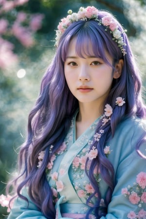 This is a digital artwork by an unknown artist characterized by a highly detailed and realistic style. The composition centers on a woman with voluminous, violet hair adorned with wreaths of flowers and ornate hairpieces. She gazes confidently at the viewer, her expressive face and pose conveying grace. She wears an elaborate, traditional blue robe embellished with intricate floral patterns in pink and white. The background is softly blurred with subtle light beams, enhancing the ethereal and regal feel of the portrait. The overall effect is both captivating and enchanting, merging elements of fantasy with traditional elegance.