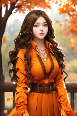 This artwork, likely digital, presents a semi-realistic anime style. The subject is a young woman with long, wavy dark hair and brown eyes, wearing an orange outfit with a high collar and brown accessories. She leans against a tree, gazing directly at the viewer with a calm expression. The background depicts a warm, autumnal setting with soft lighting and falling leaves, contributing to a serene and introspective atmosphere. The detailed rendering of the character contrasts with the softly blurred and warm-toned background, highlighting the subject.