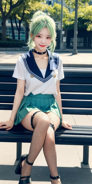 Real photo, a Taiwanese beauty with an proud figure, white ponytail and light green hair, shy smile, wearing a choker around her neck and locked with a chain, wearing a V-neck sailor uniform miniskirt, sitting on a park bench, fishnet Stockings with high-heeled sandals, dazzling sunshine, real light and shadow, details
Rich