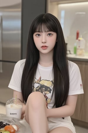 1girl, solo, long hair, looking at viewer, bangs, shirt, black hair, holding, sitting, white shirt, short sleeves, food, shorts, indoors, blunt bangs, black eyes, cup, fruit, holding cup, print shirt