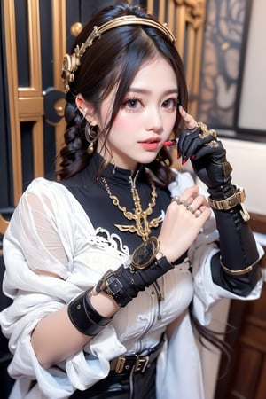 The image portrays a steampunk art style, rich with mechanical and Victorian elements. The composition centers around a woman confidently posing with an intricate, futuristic pistol. She is dressed in a white blouse, black corset, and choker, epitomizing the classic steampunk aesthetic. The background is a complex array of interlocking brass gears and cogs, bathed in warm lighting that accentuates the metallic textures. The overall ambiance is both mechanical and elegant, combining vintage and industrial elements seamlessly.