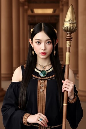 Real portrait photography with a fantasy style. It shows a dark-haired Taiwanese girl wearing a gorgeous ancient Egyptian black style outfit with gold jewelry and a headdress. She holds a golden staff and stares intently at the audience. The background is softly lit, suggesting an ancient temple with majestic columns and staircases. The color palette is warm, rich in gold and deep shadows, adding drama