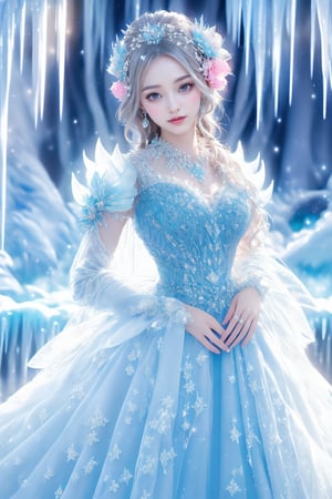 This digital artwork features a fantasy style typical of contemporary digital artists. The composition centers on a young woman with a serene expression, adorned in an intricate, ice-themed gown with crystal accents and floral details. Her hair is styled elegantly with delicate hairpieces. The background is a dreamlike, icy landscape with icicles and soft, glowing lights, enhancing the cold, ethereal atmosphere. Mist and light effects are used skillfully to give the image a magical, otherworldly feel. The artist meticulously captures the fine details of her attire and the ambient light, creating a captivating, whimsical portrait.