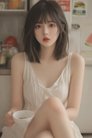 1girl, solo, long hair, looking at viewer, bangs, black hair, dress, holding, sitting, food, sleeveless, striped, white dress, black eyes, cup, fruit, sleeveless dress, crossed legs, red lips, striped dress, watermelon, refrigerator