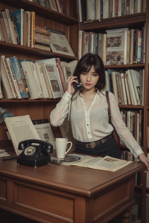 Frontal portrait photography, old photo mode, in the 1960s, a Taiwanese woman worked as a clerk in a rented bookstore. The bookshelves are filled with novels, comics, newspapers, and magazines. There is an old-style dial phone on the cashier table. The woman is picking up the phone and looking forward. Depth of field effect.