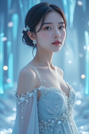 This digital artwork features a fantasy style typical of contemporary digital artists. The composition centers on a young woman with a serene expression, adorned in an intricate, ice-themed gown with crystal accents and floral details. Her hair is styled elegantly with delicate hairpieces. The background is a dreamlike, icy landscape with icicles and soft, glowing lights, enhancing the cold, ethereal atmosphere. Mist and light effects are used skillfully to give the image a magical, otherworldly feel. The artist meticulously captures the fine details of her attire and the ambient light, creating a captivating, whimsical portrait.