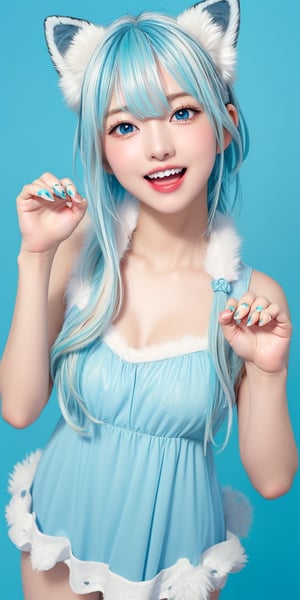 (photorealistic:1.4), (anime colored:1.5), (masterpiece, sidelights, exquisite gentle eyes), (character focus,face focus,close to viewer, portrait, masterpiece, from above), anime colored, cute face,  3D face, (cyan hair to blue hair gradient hair:1.3),(blunt bangs:1.3), (1girl, most beautiful korean girl, stunningly beautiful girl, gorgeous girl, 20yo, over sized eyes, big eyes, smiling, looking at viewer), (cyan eyes:1.5), (cowboy shot:1.5), (sleeveless white hair fur sundress :1.5), (kind face), (blush) (claw pose, sit , wariza, from above;1.5), (claw pose, head tilt:1.5), (fox ears, fox tails:1.3), (cute face), (open mouth wide　Laughter:1.5), Gentle face, (medium breasts),(gradient background), (glowing eyes),  neat and clean, adorable, Slim Body, (tareme:1.5), shiny hair, shiny skin, niji,sketch,manga,