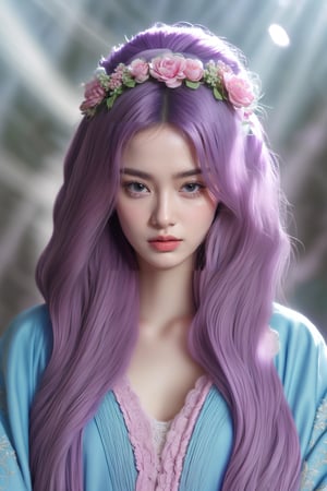 This is a digital artwork by an unknown artist characterized by a highly detailed and realistic style. The composition centers on a woman with voluminous, violet hair adorned with wreaths of flowers and ornate hairpieces. She gazes confidently at the viewer, her expressive face and pose conveying grace. She wears an elaborate, traditional blue robe embellished with intricate floral patterns in pink and white. The background is softly blurred with subtle light beams, enhancing the ethereal and regal feel of the portrait. The overall effect is both captivating and enchanting, merging elements of fantasy with traditional elegance.